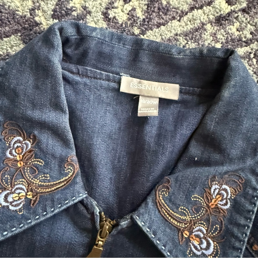 Women’s Y2K Dark Wash Essentials Sz 18 Embroidered Boho Zip-Up Denim Shacket - Picture 2 of 9